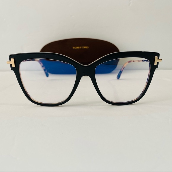 Tom Ford 5704 005 Shiny Black Gold / Blue Block Eyeglasses TF5704 005 54mm